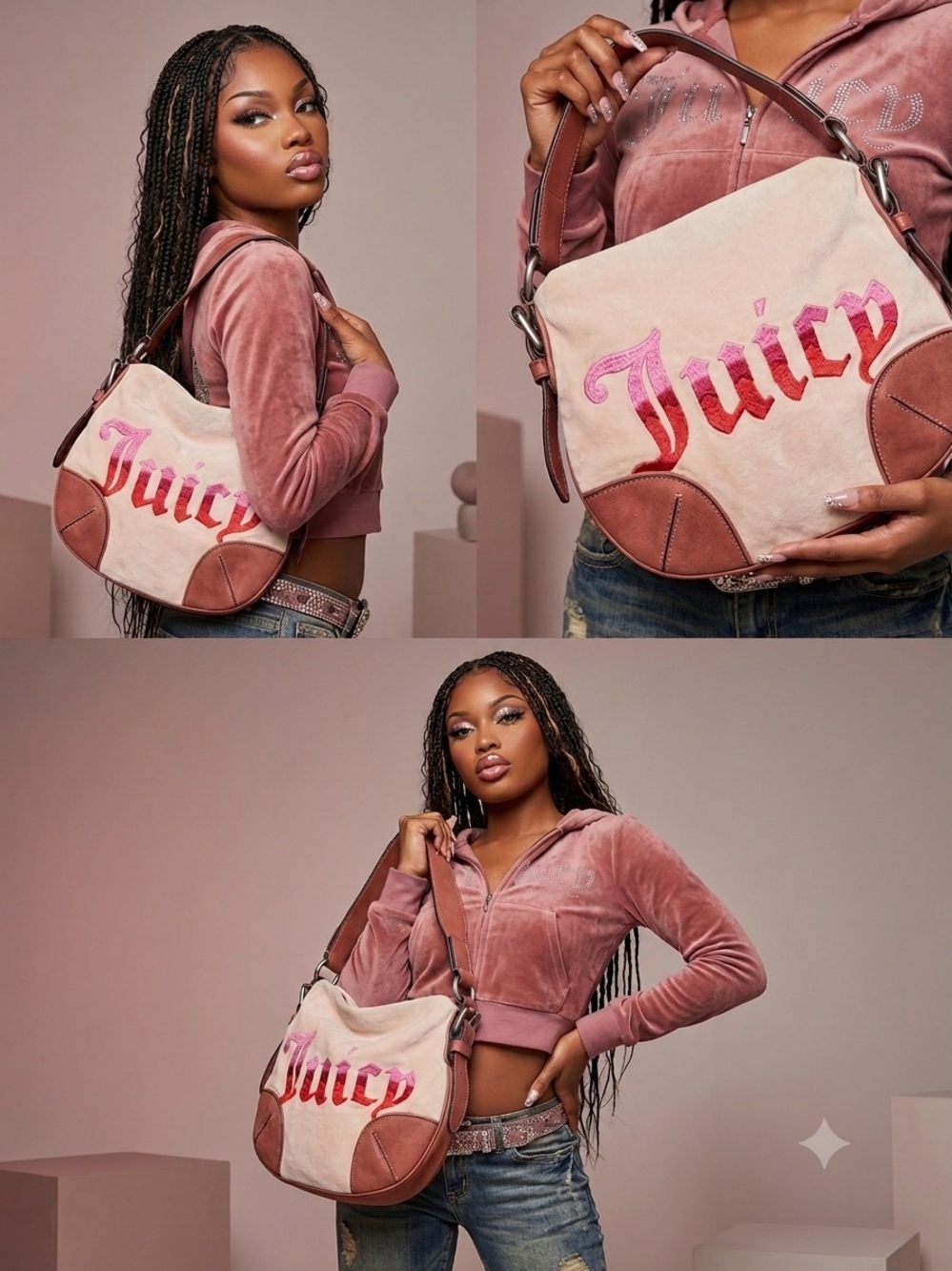 JUICY COUTURE Vintage Y2K Velour Saddle Buckle Bag Purse Pink Ombre Embroidered
